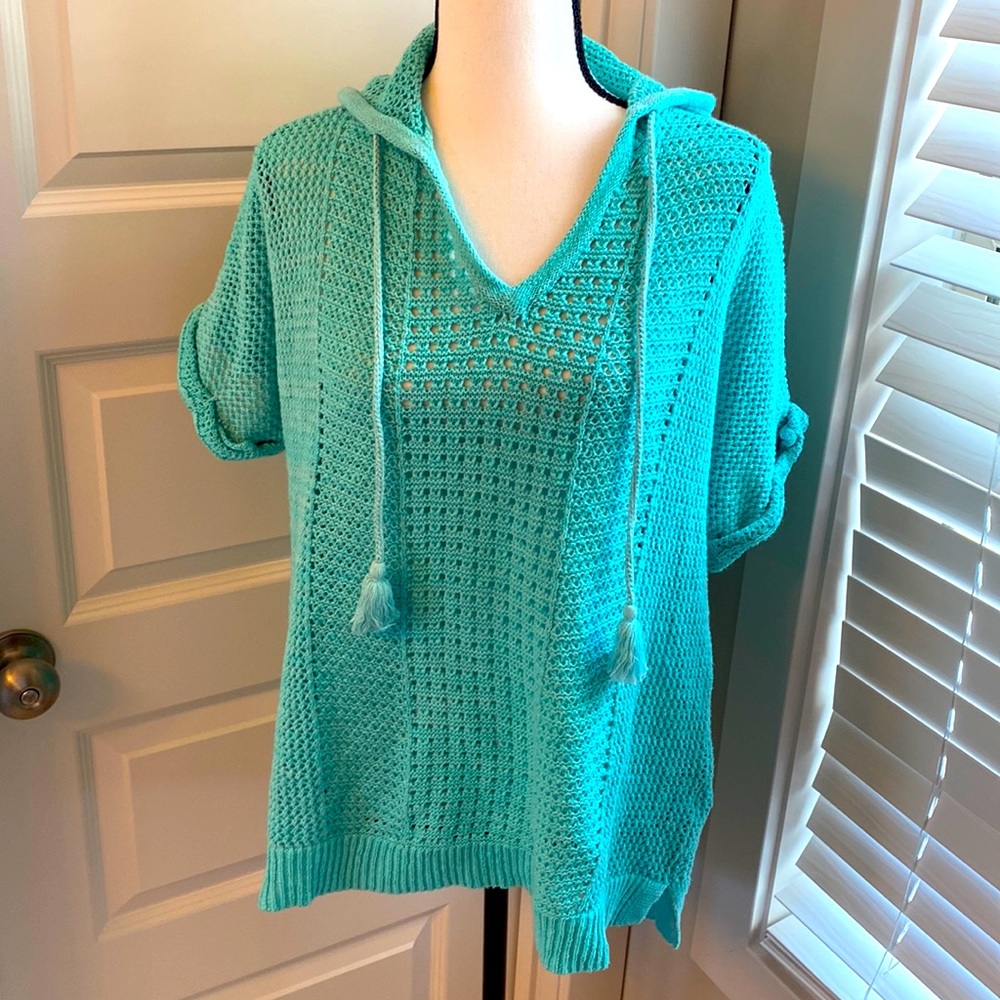 Natural Reflections|| Aqua blue/green hooded beach lightweight sweater